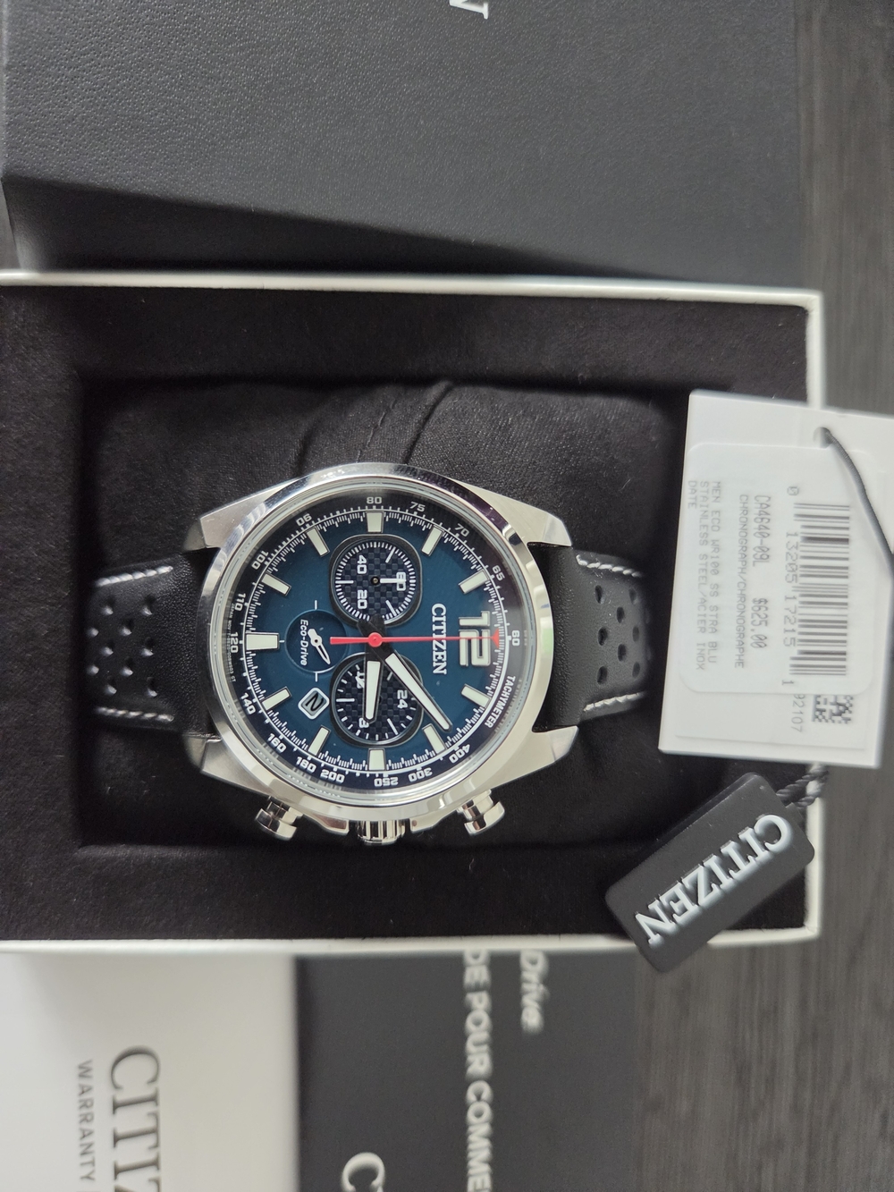 Citizen Men's Blue Dial Chronograph Watch with Black Leather Strap